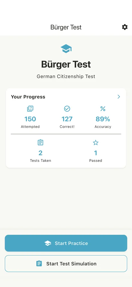 Home screen with study progress, attempted questions, accuracy, and tests passed