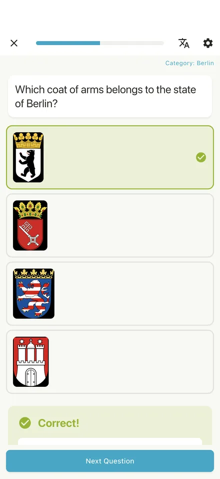 Learning screen with a state-specific question about the Berlin coat of arms