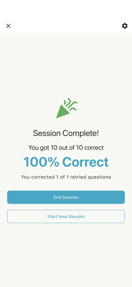 Session complete screen showing 100% correct