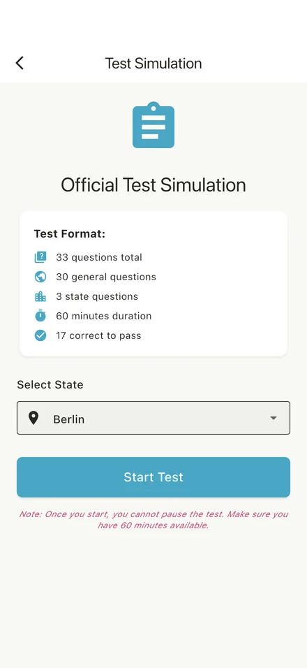 Test simulation setup with 33 questions, 60 minutes, and Berlin selected