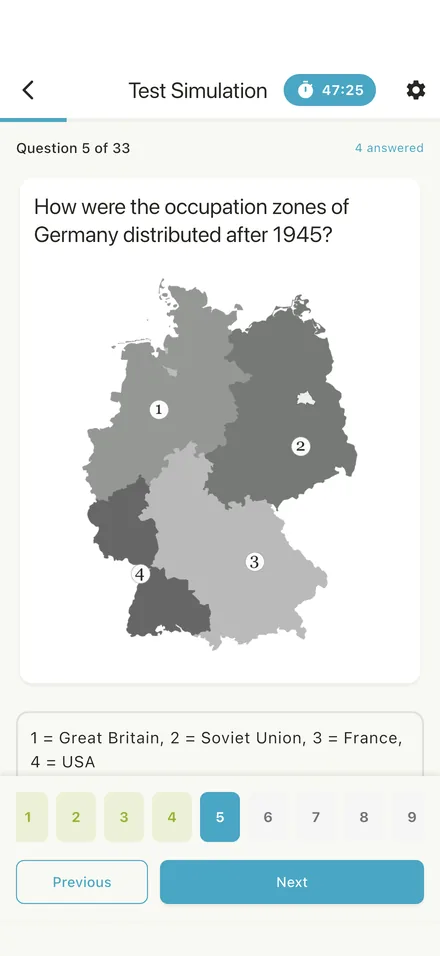 Test simulation mid-test with a question about post-1945 occupation zones of Germany