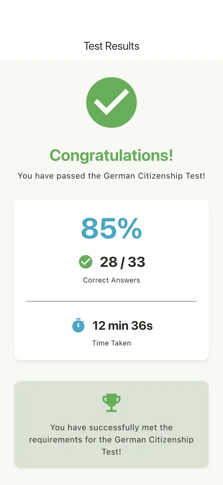 Test results screen showing 85% with 28 of 33 correct, passed